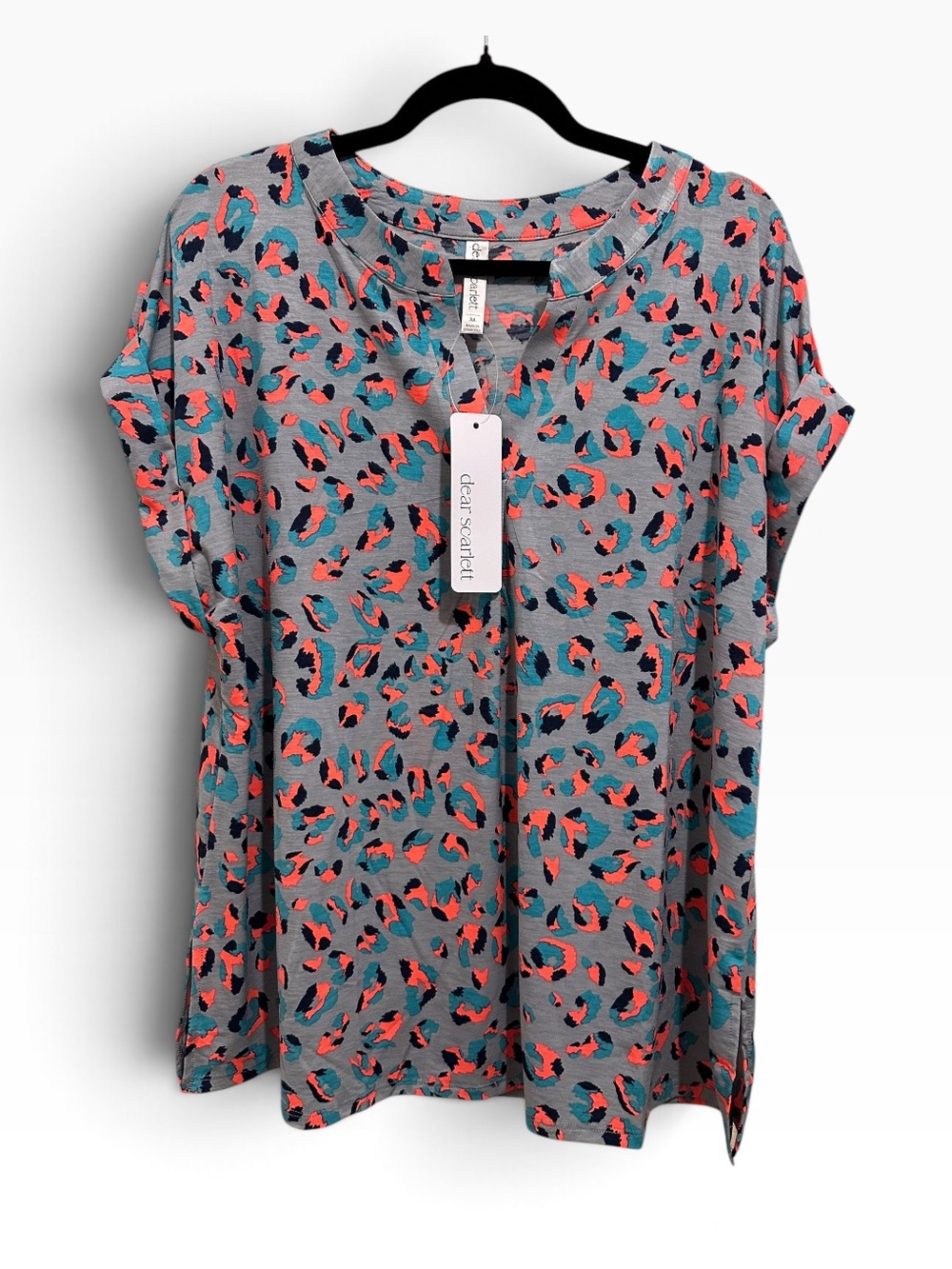 Dear Scarlett Grey Short Sleeve Tee with Teal & Coral Leopard Print